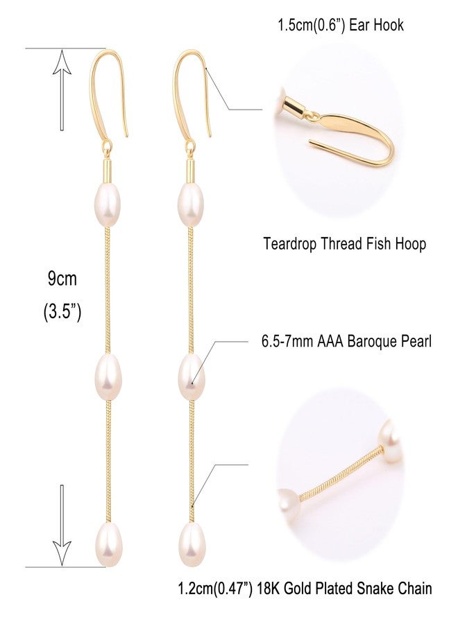 POTESSA Baroque Pearl 18K Gold Plated Hoop Drop Dangle Earrings for Women Long Snake Chain Dainty Bridal Earrings for Wedding - Image 4
